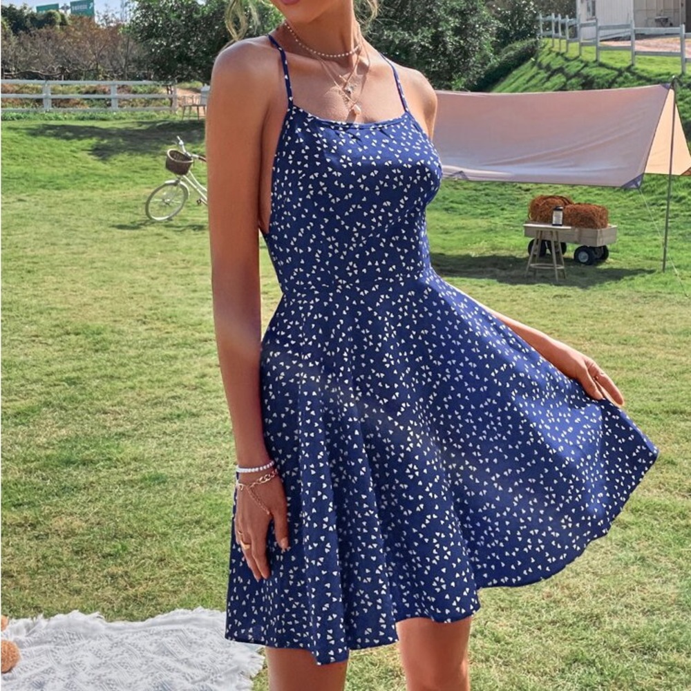 SHEIN Confetti Heart Print Crisscross Tie Backless Cami Mini Dress